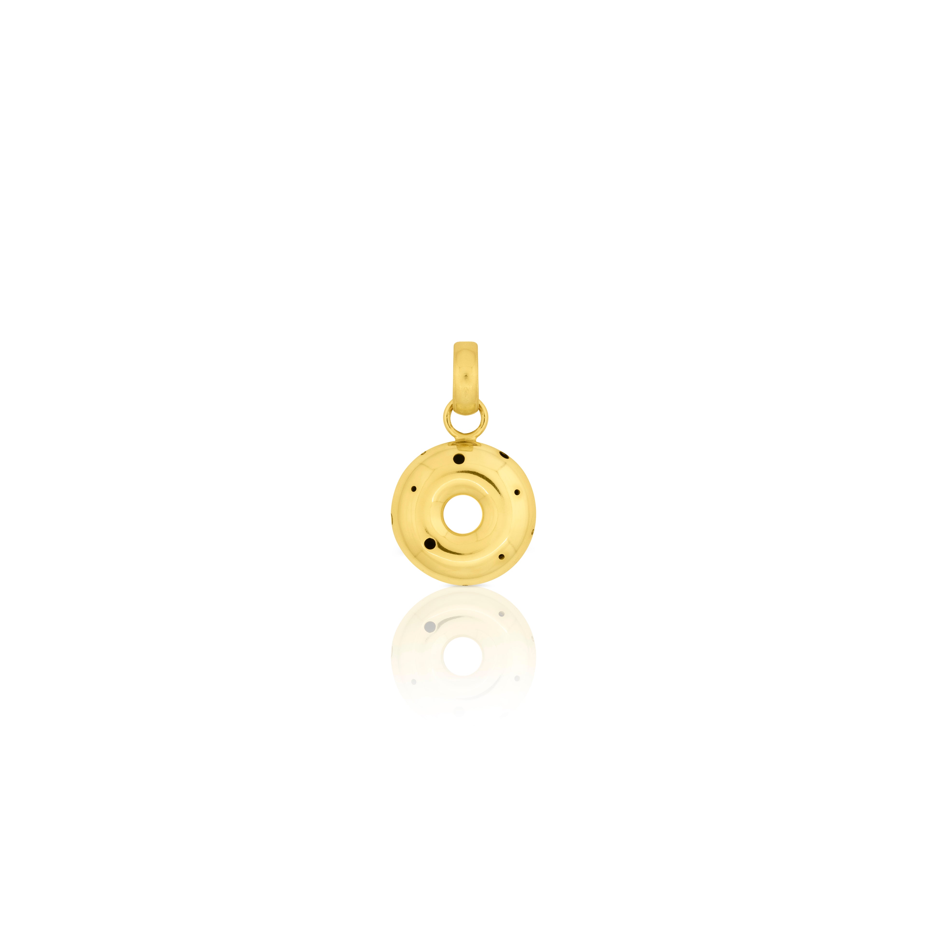 Gold medium donut-shaped pendant with a polished finish and subtle perforations, featuring a thick design and a sleek hoop attachment.