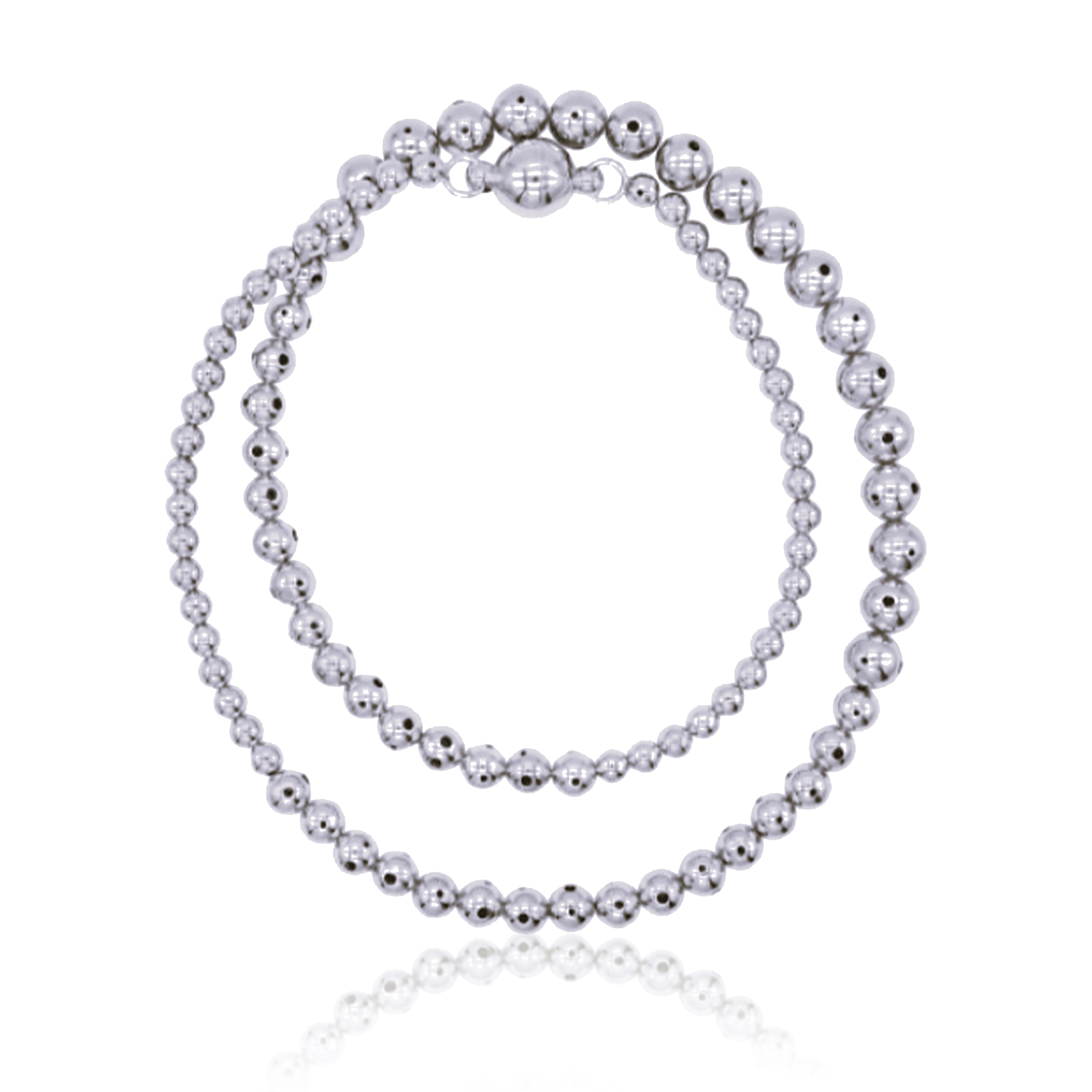 A twisted silver beaded necklace with a graduated design, featuring varying sphere sizes. Can be worn in its twisted form for a layered look or untwisted for a sleek, minimal style.