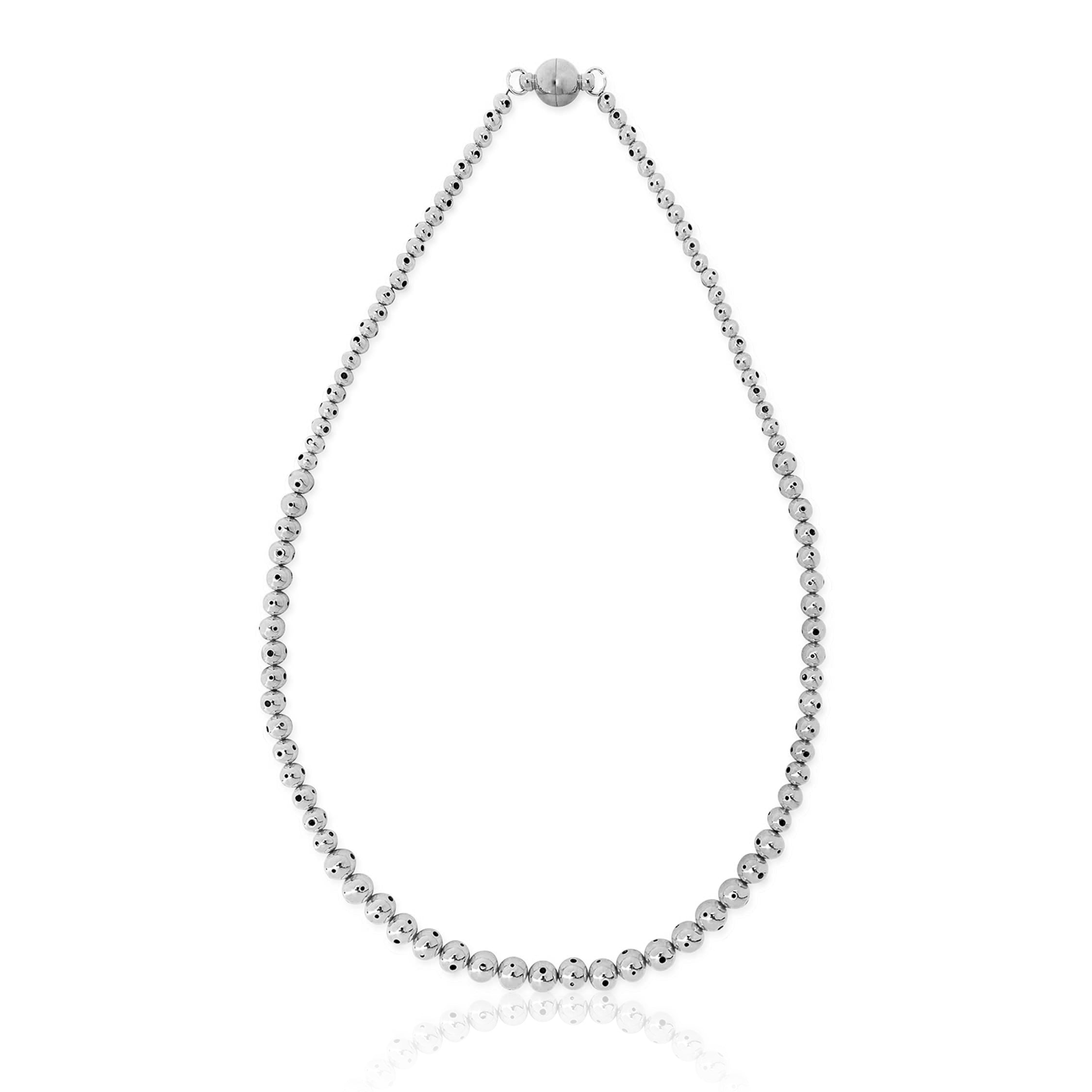 A long silver beaded necklace with a graduated design, featuring varying sphere sizes. Can be worn in its twisted form for a layered look or untwisted for a sleek, minimal style.