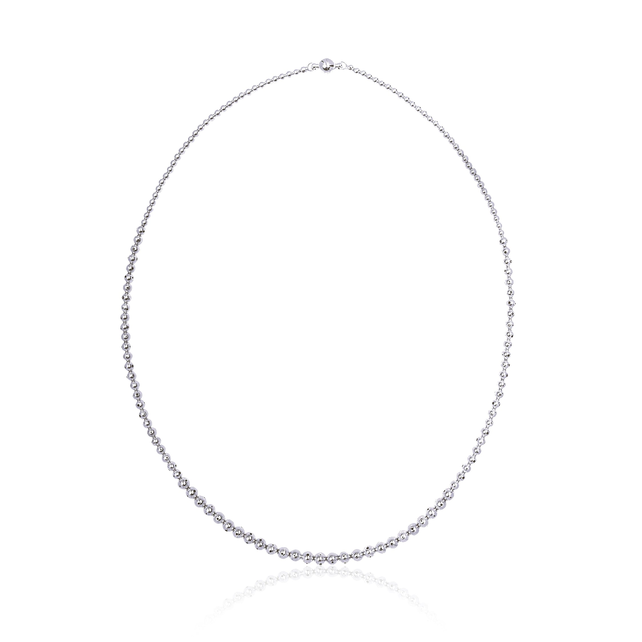 A long silver beaded necklace twisted three times with a graduated design, featuring varying sphere sizes. Can be worn twisted in three different ways for a layered look or untwisted for a sleek, minimal style.